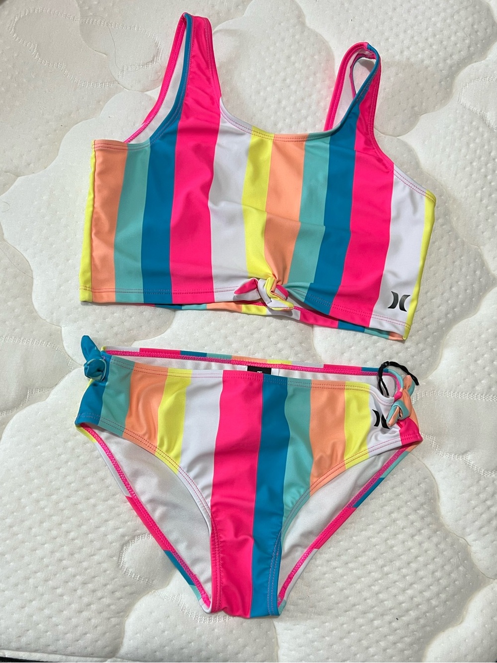 Hurley Girls Bright Pink, Teal & Yellow Striped Two-Piece Bikini